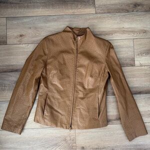 Express Ostrich Print Leather Jacket Y2K Cropped Tan